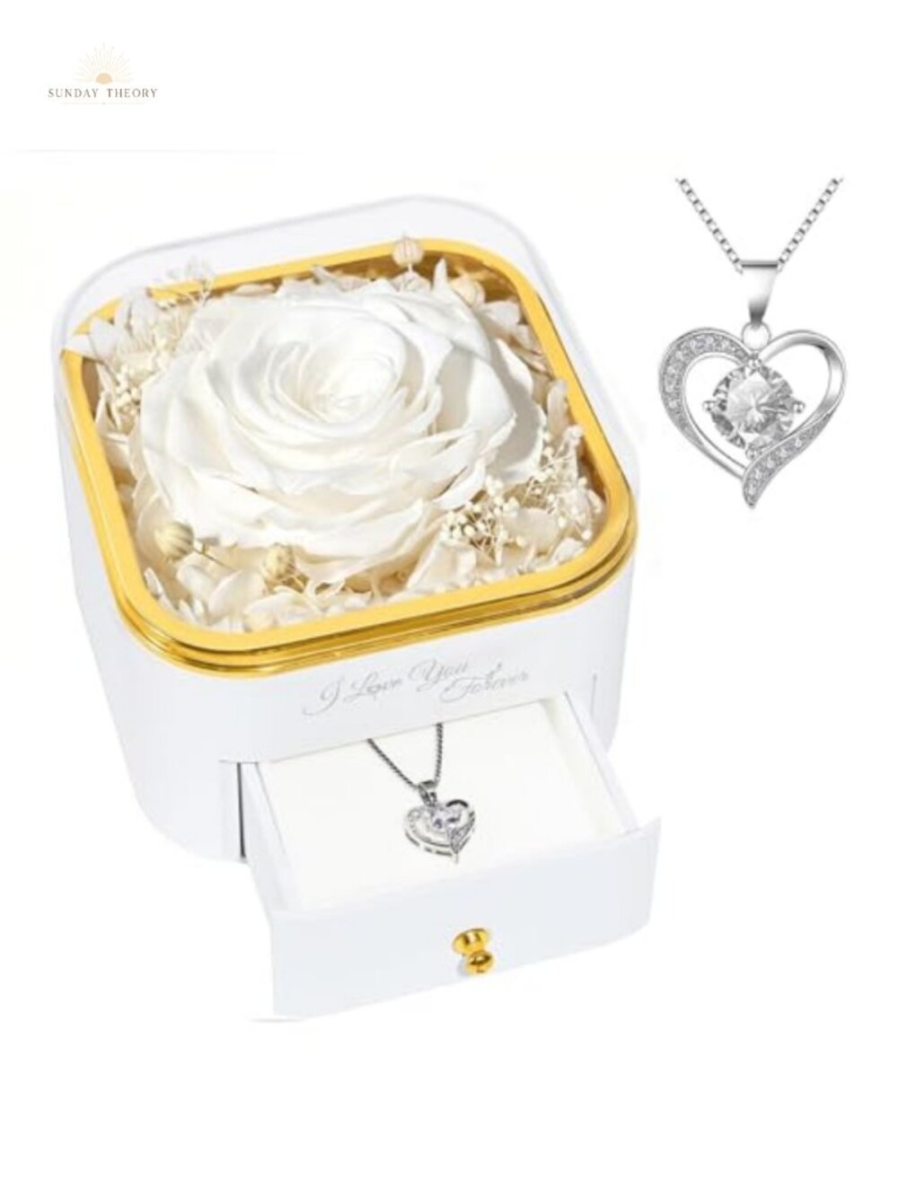 Preserved Real Rose with Heart Necklace Gift Set for Women Birthday Mother's Day